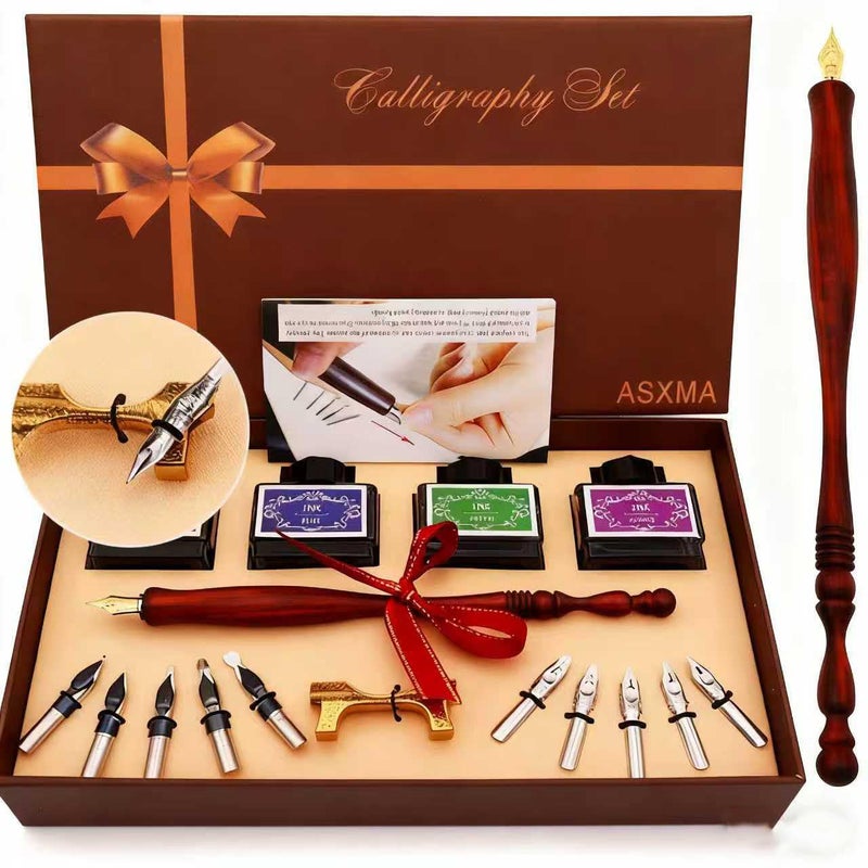 ASXMA Calligraphy Pen Set â€“ Includes Wooden Dip Pen, Antique Brass Holder, 11 Nibs, 4 Colors Ink Bottles and Beginner's Manual-for Beginners and Calligraphy Lovers - Image 1
